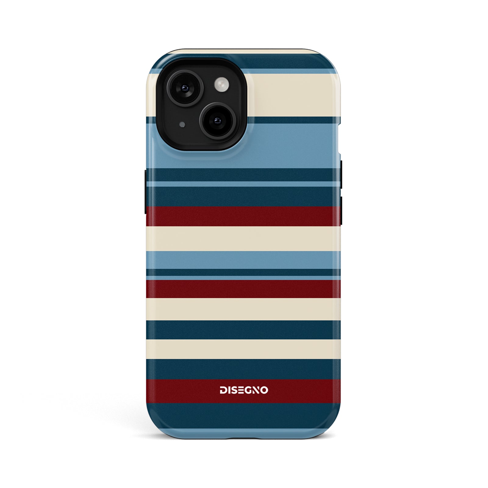 Ritorno Stripes tough MagSafe case for iPhone 15 with navy, dusty blue and burgundy stripes on cream