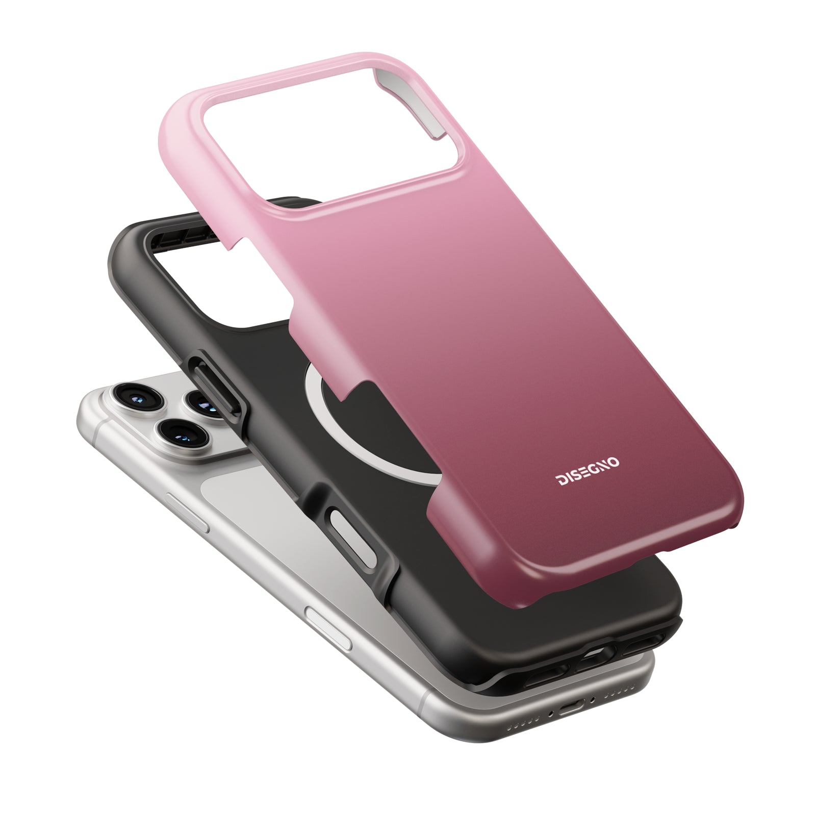 Rose tough case dual-layer construction
with MagSafe ring, pink to burgundy
gradient