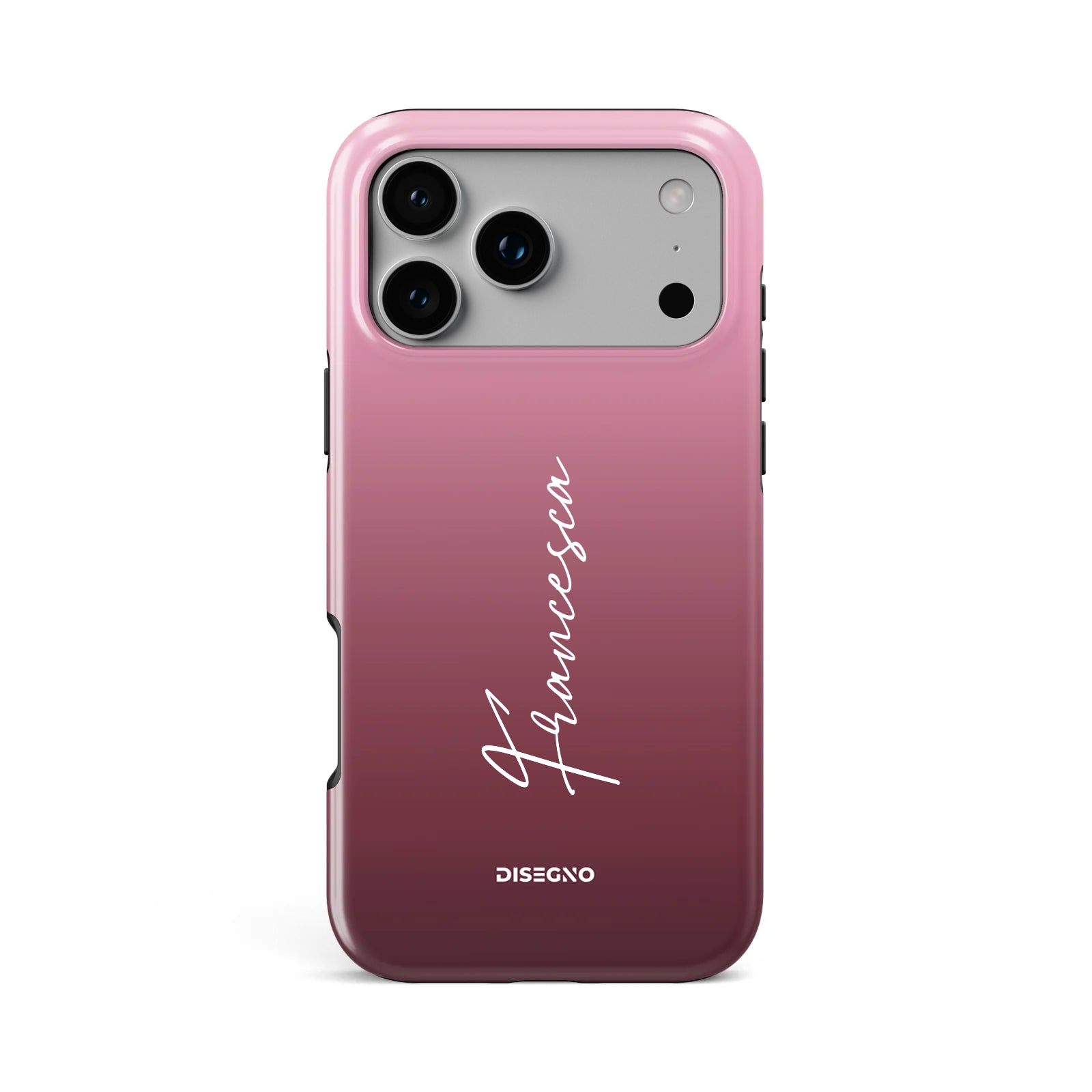 Rose tough MagSafe case personalized with name in white Corvo calligraphy font