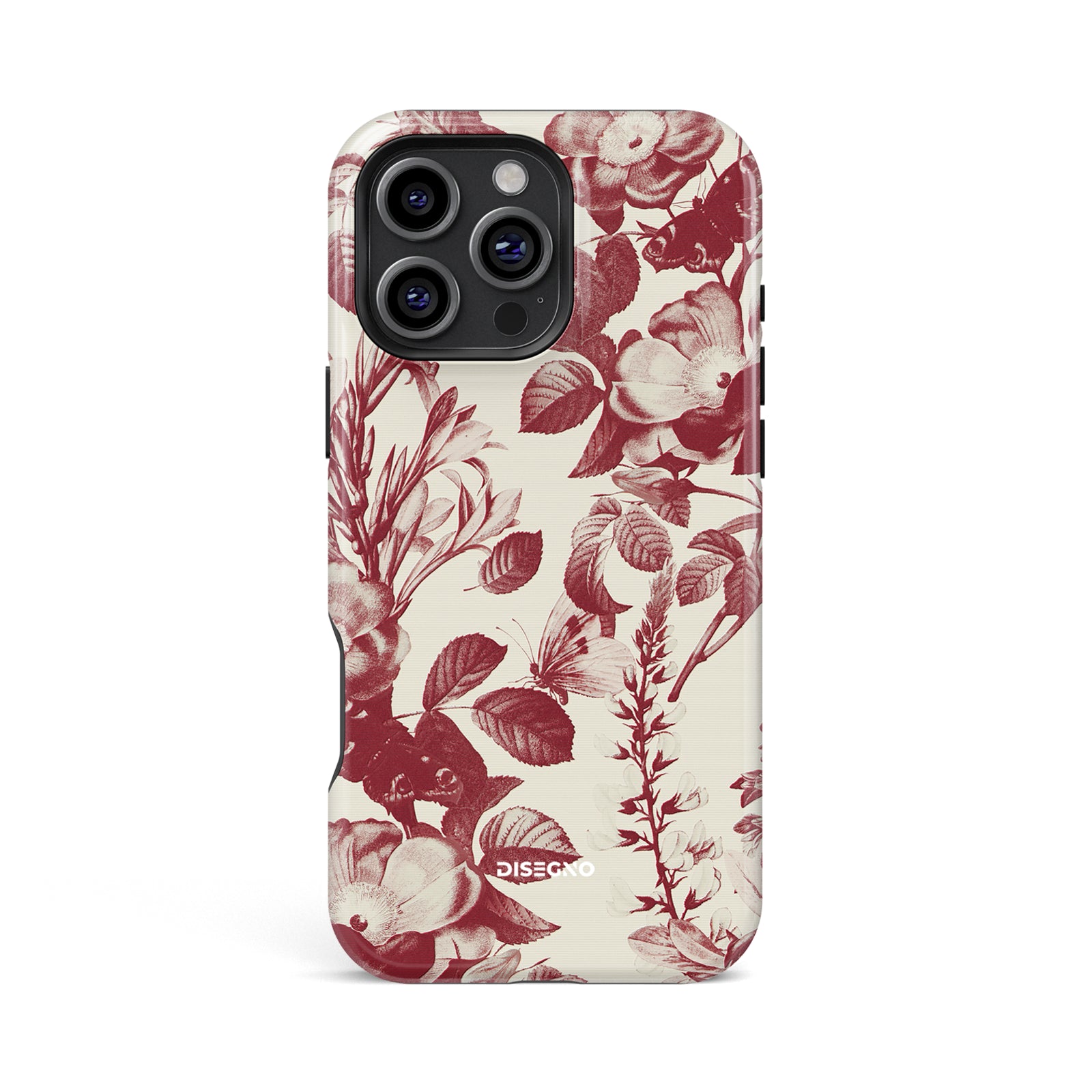 Secret Garden tough MagSafe case for iPhone 16 Pro Max with burgundy botanical print and butterflies on cream