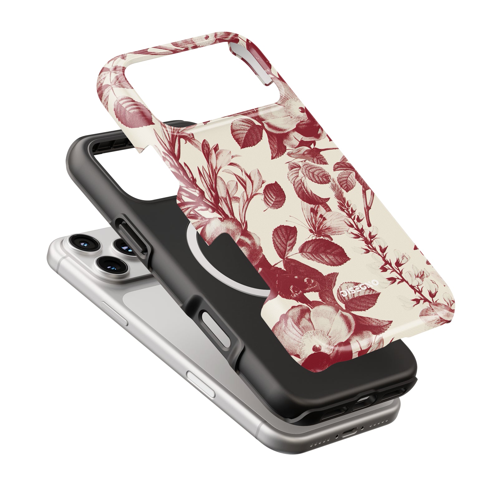 Secret Garden tough case dual-layer
construction with MagSafe ring,
burgundy botanical print on cream