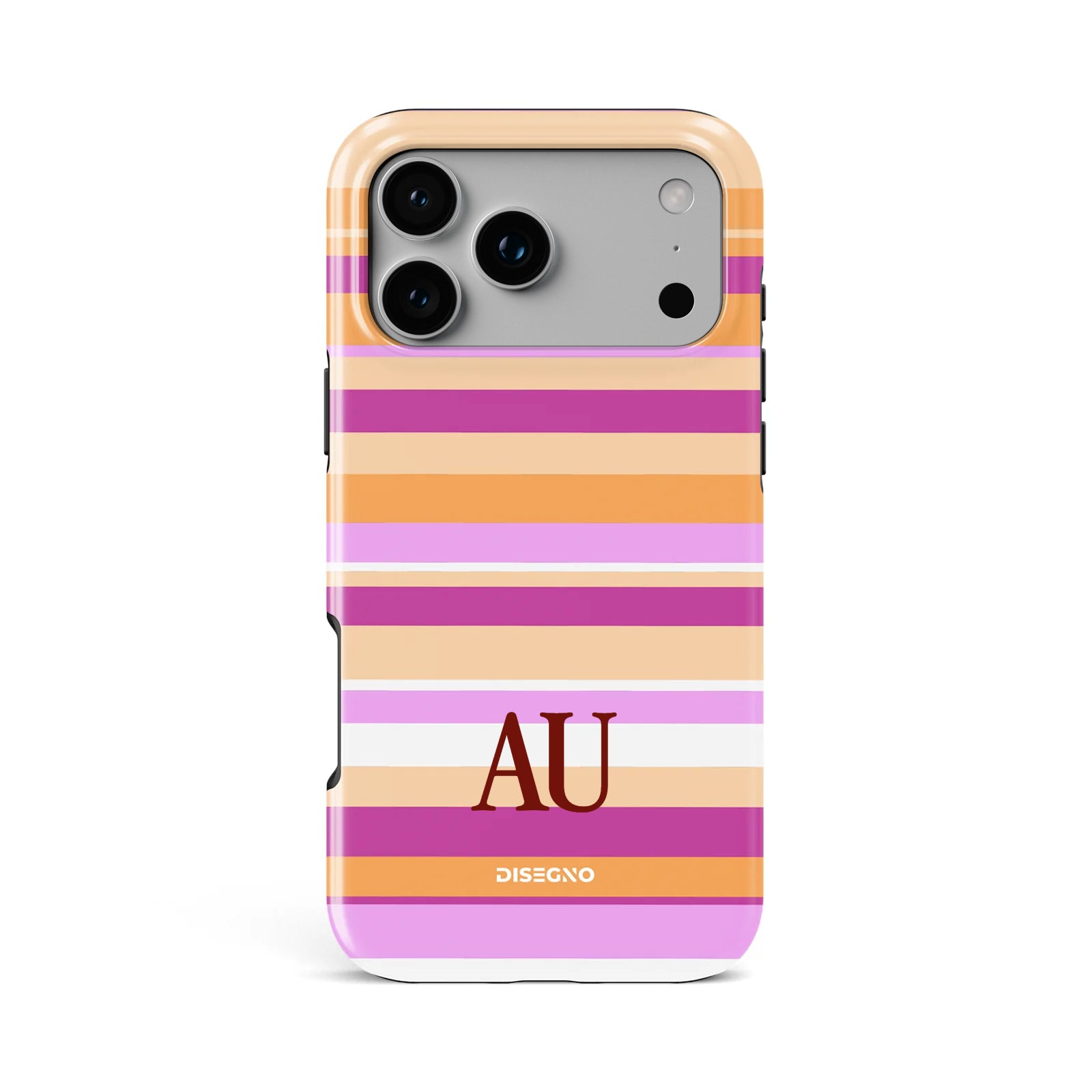 Sorbet Stripes tough MagSafe case personalized with initials in dark red bold serif font