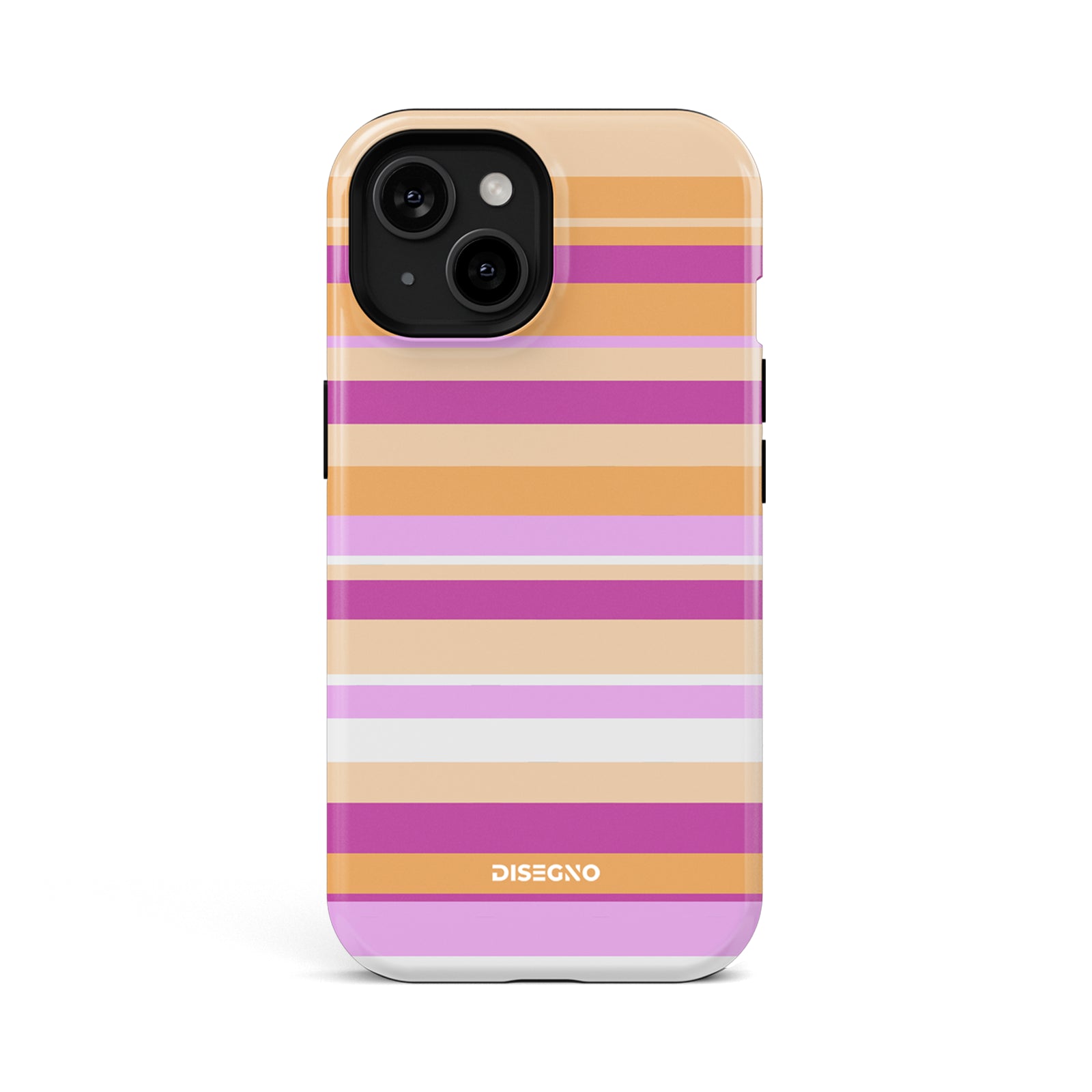 Sorbet Stripes tough MagSafe case for iPhone 13 with orange, pink and lilac stripes on peach