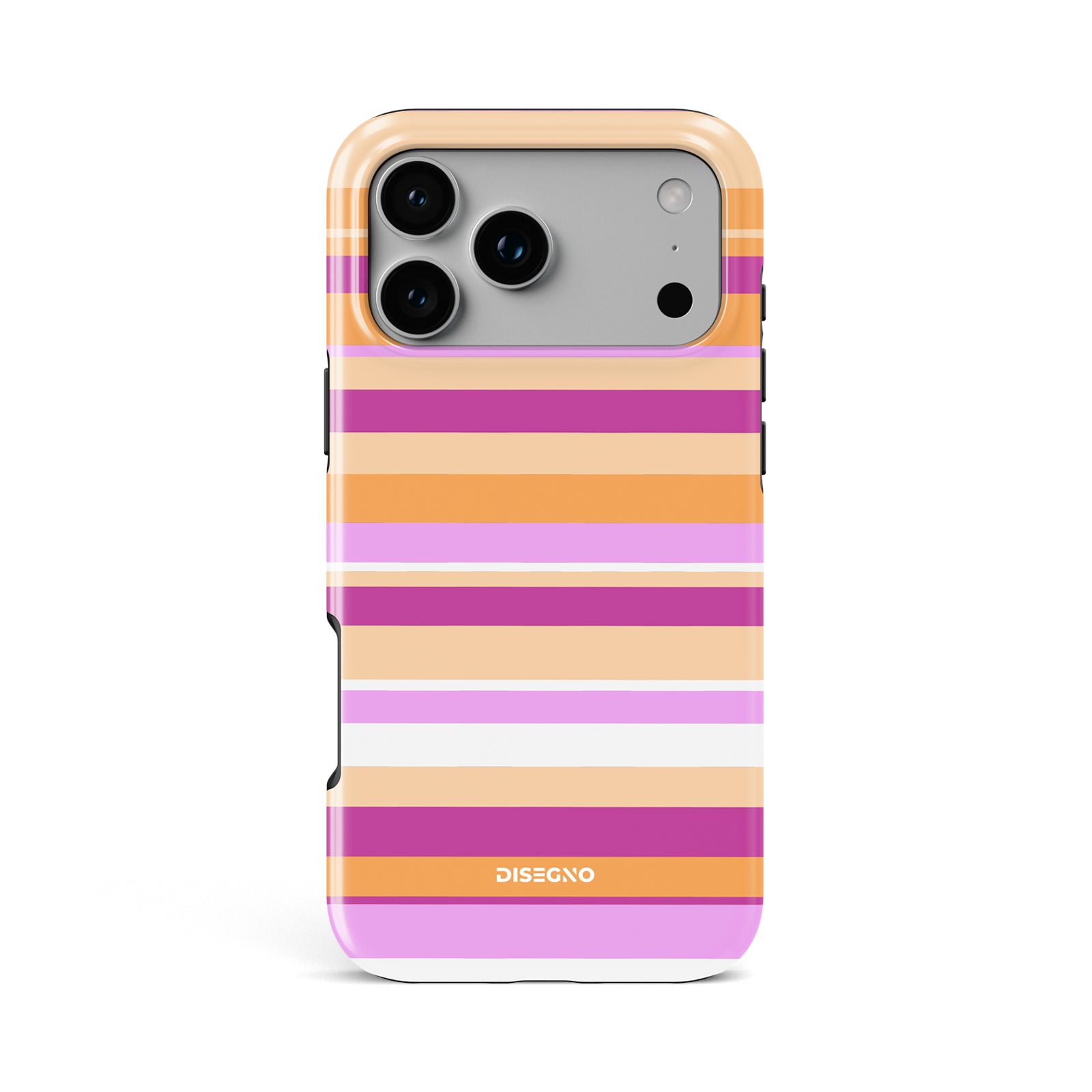 Sorbet Stripes tough MagSafe case for iPhone 17 Pro Max with orange, pink and lilac stripes on peach