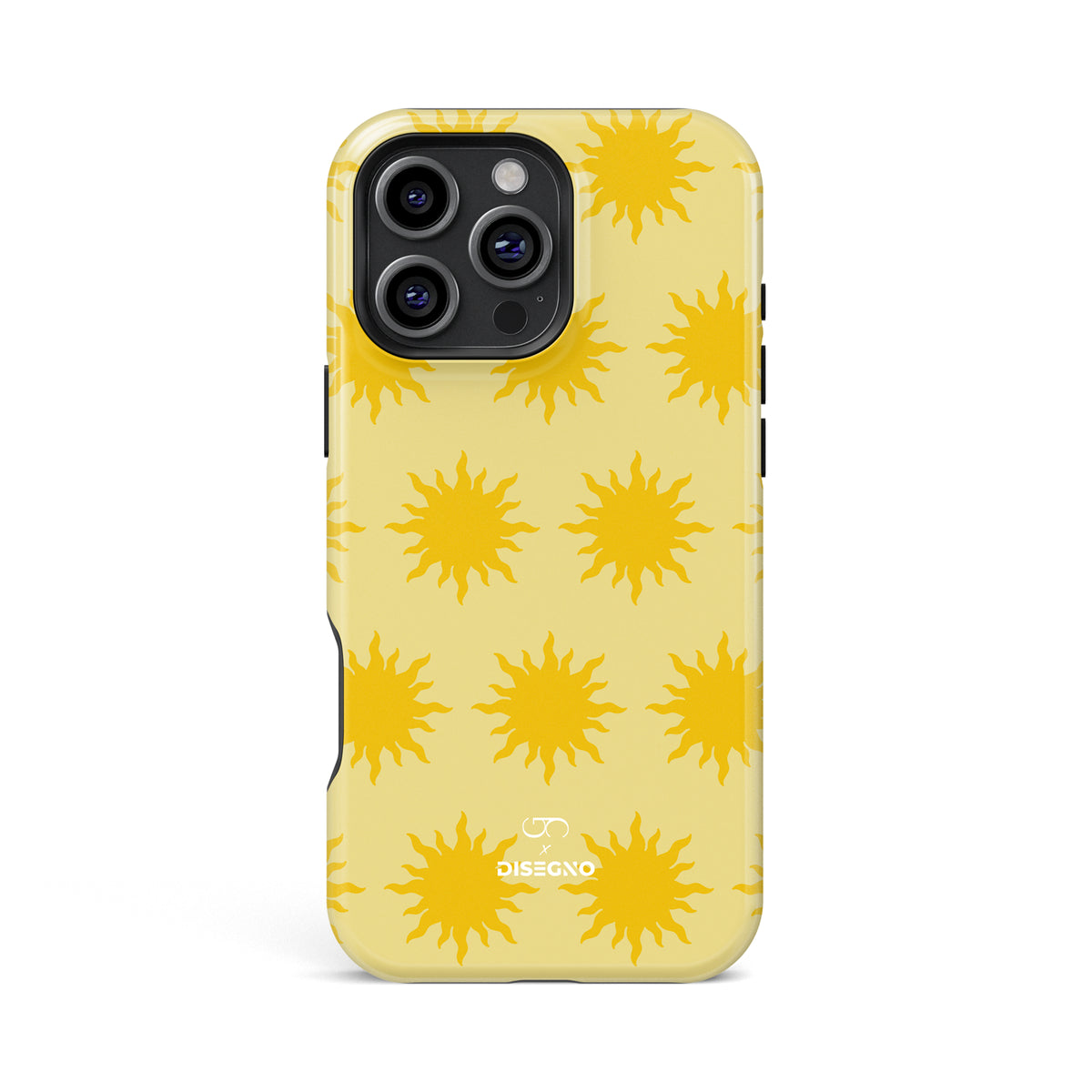 Sunny Side tough MagSafe case for iPhone 13 Pro Max with golden suns on butter yellow
