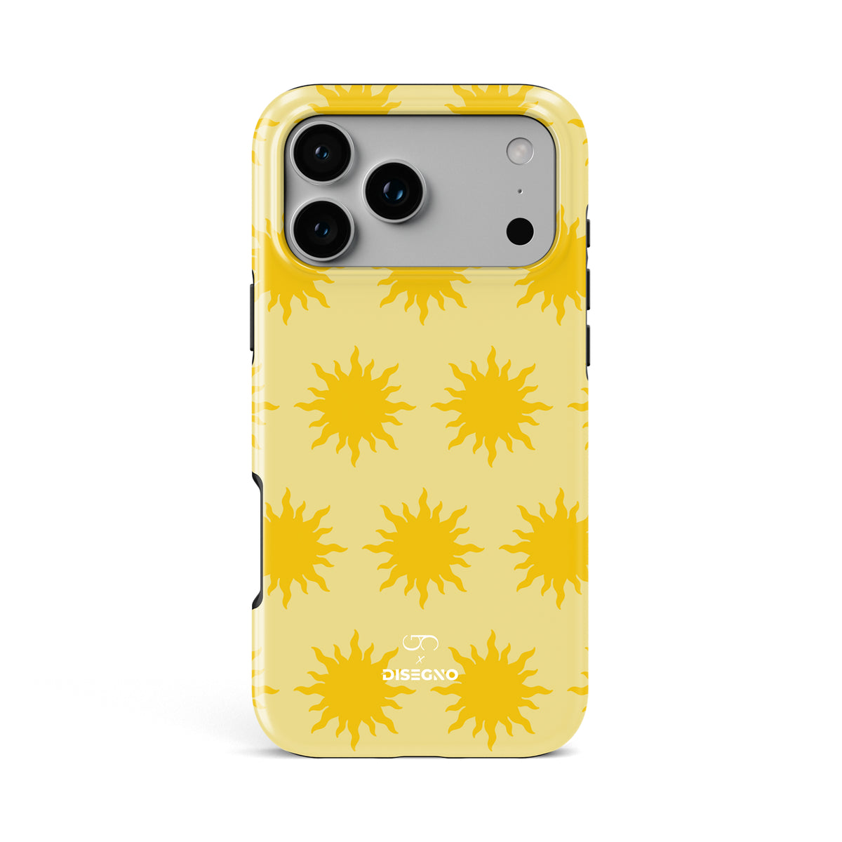 Sunny Side tough MagSafe case for iPhone 17 Pro Max with golden suns on butter yellow