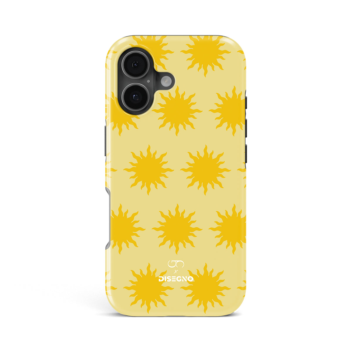 Sunny Side tough MagSafe case for iPhone 17 with golden suns on butter yellow