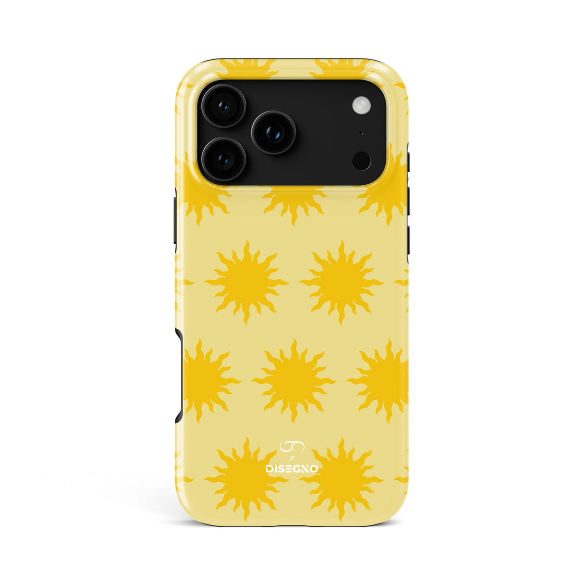 Sunny Side tough MagSafe case for iPhone 18 Pro Max with golden suns on butter yellow