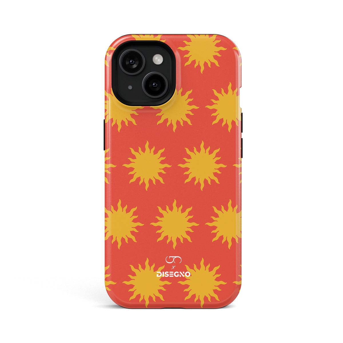 Sunny Side tough MagSafe case for iPhone 13 with yellow suns on coral orange