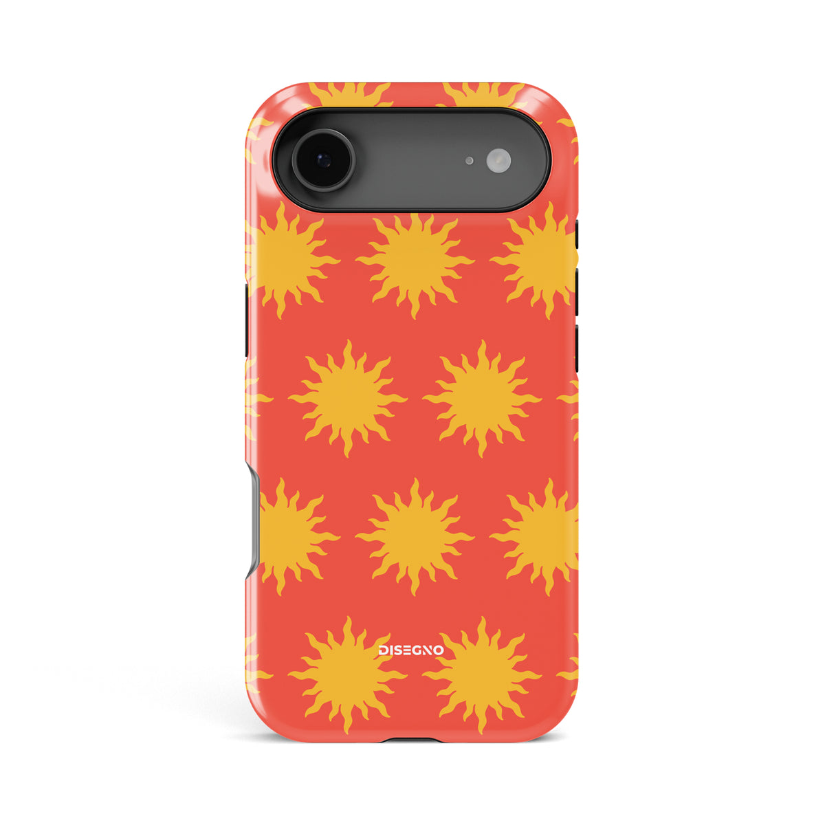 Sunny Side tough MagSafe case for iPhone 17 Air with yellow suns on coral orange