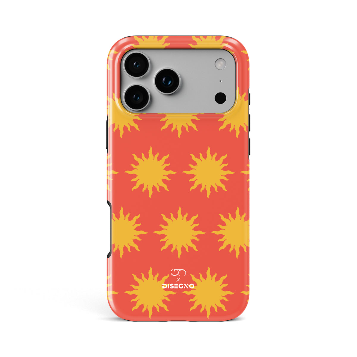 Sunny Side tough MagSafe case for iPhone 17 Pro Max with yellow suns on coral orange