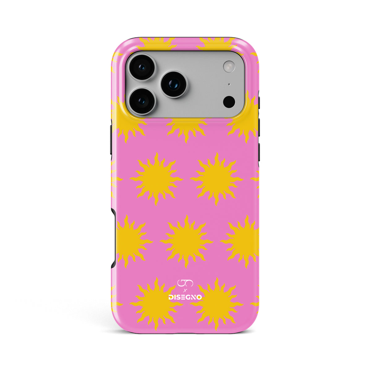 Sunny Side tough MagSafe case for iPhone 17 Pro Max with yellow suns on bright pink