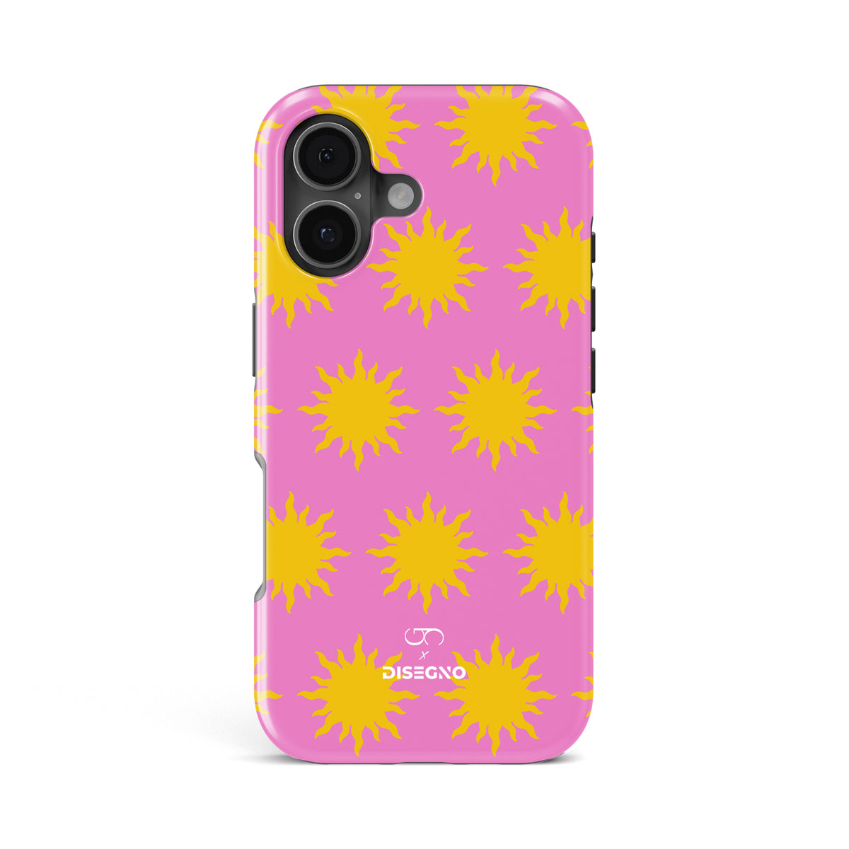 Sunny Side tough MagSafe case for iPhone 17 with yellow suns on bright pink