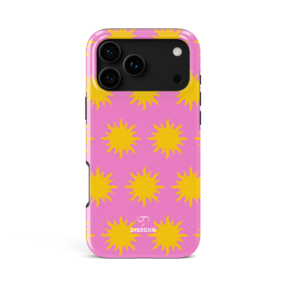 Sunny Side tough MagSafe case for iPhone 18 Pro Max with yellow suns on bright pink