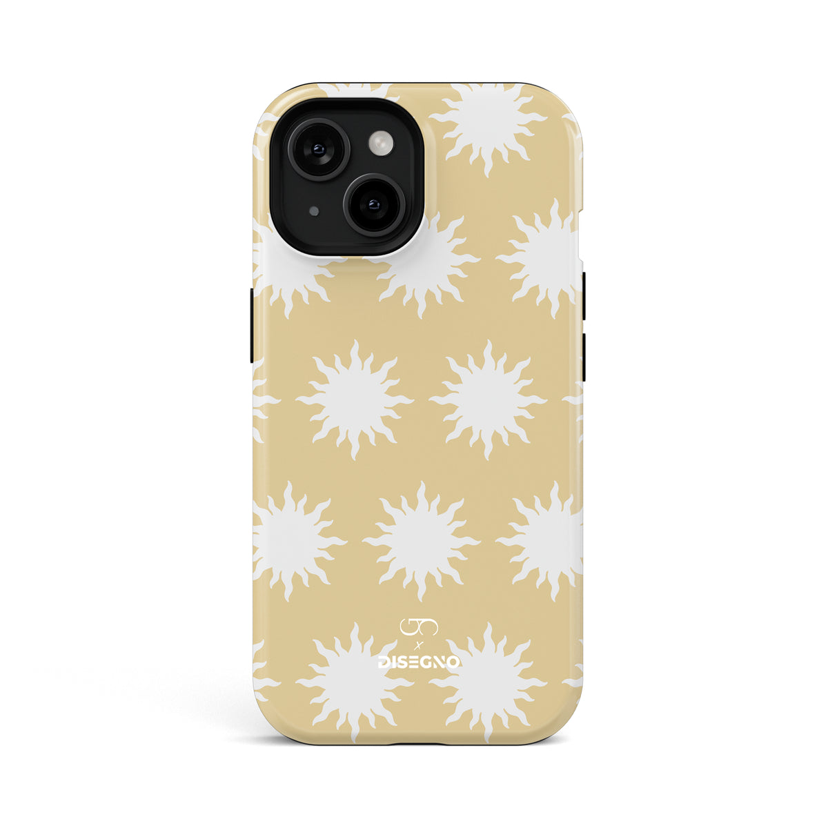 Sunny Side tough MagSafe case for iPhone 15 with white suns on sand cream