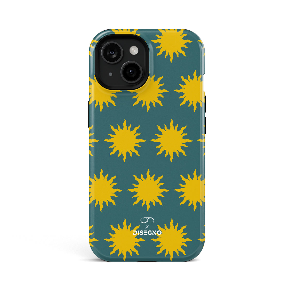 Sunny Side tough MagSafe case for iPhone 15 with yellow suns on deep teal