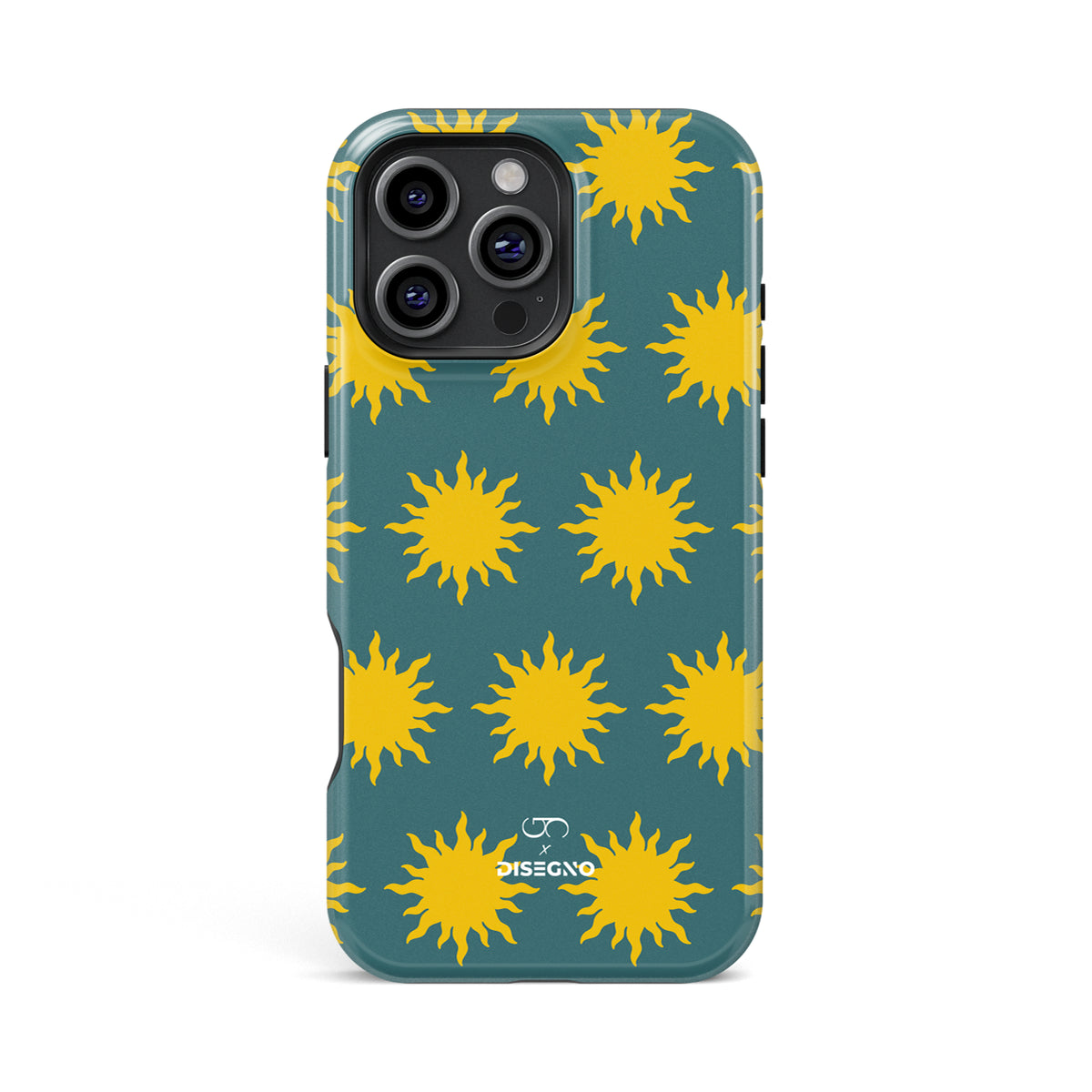 Sunny Side tough MagSafe case for iPhone 16 Pro Max with yellow suns on deep teal