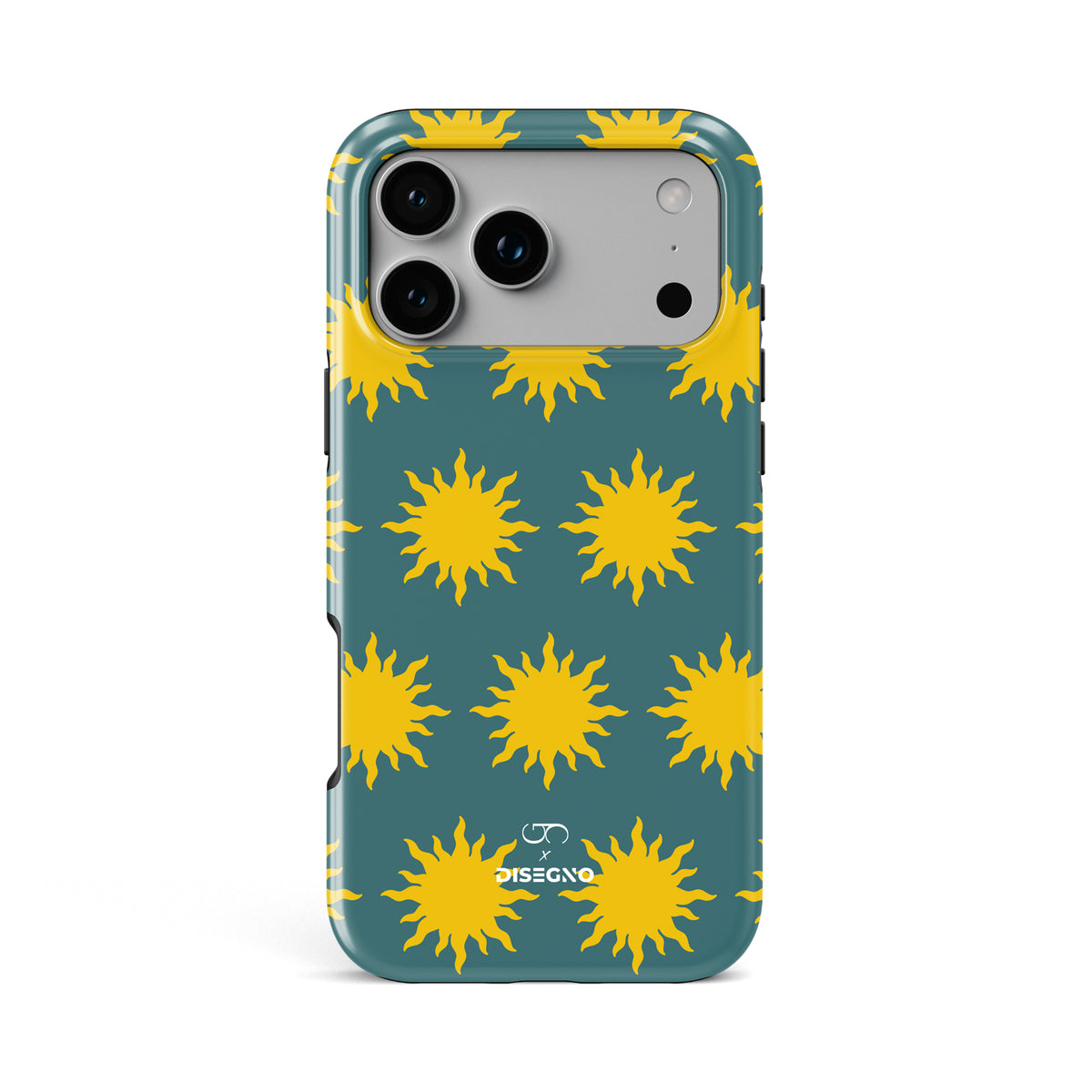 Sunny Side tough MagSafe case for iPhone 17 Pro Max with yellow suns on deep teal