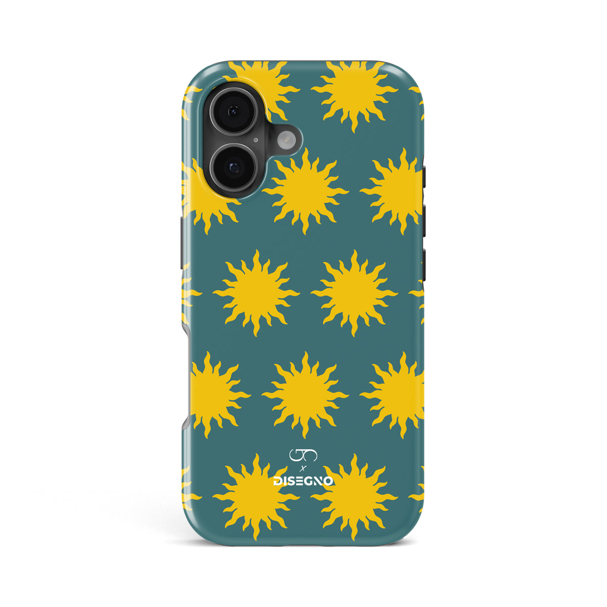 Sunny Side tough MagSafe case for iPhone 17 with yellow suns on deep teal