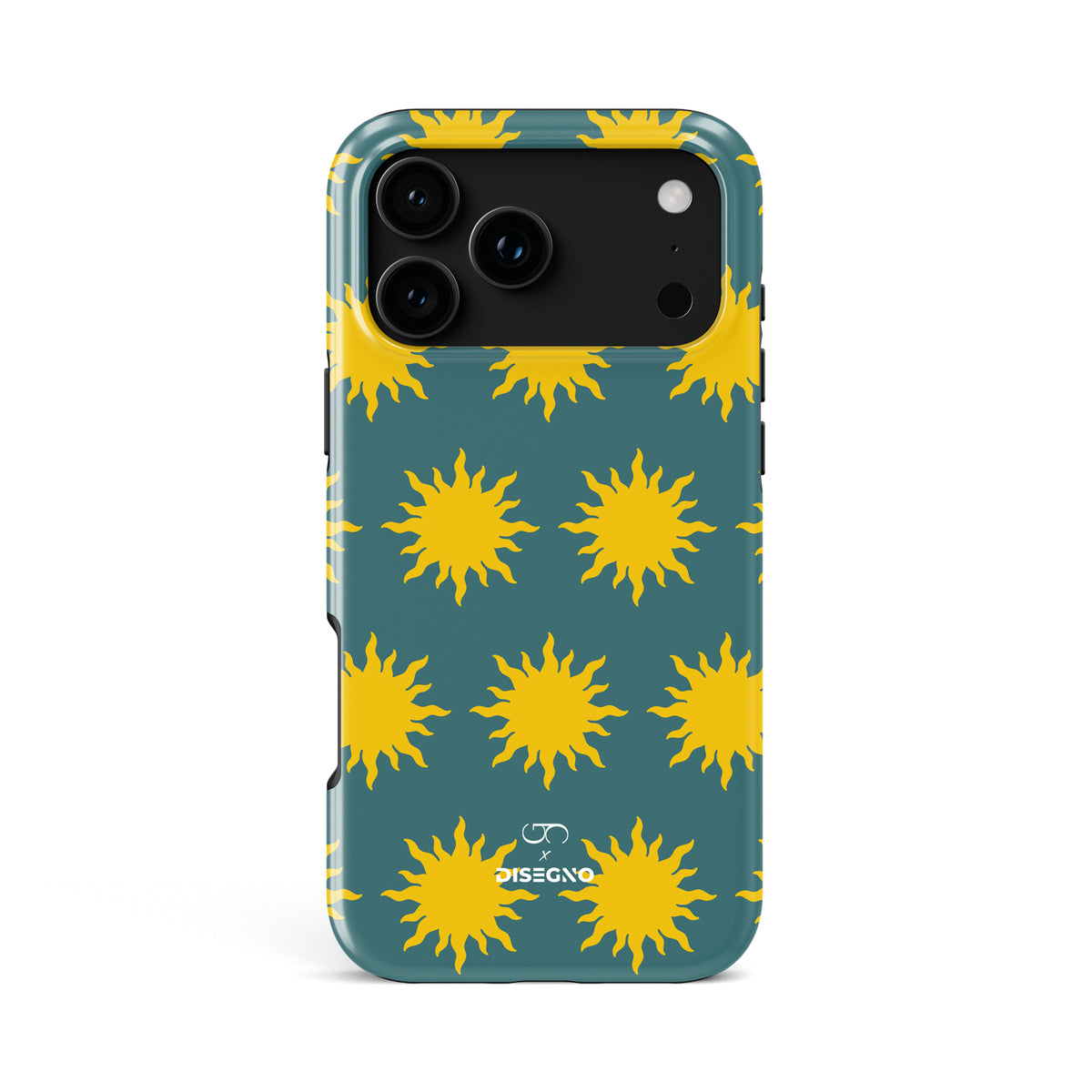 Sunny Side tough MagSafe case for iPhone 18 Pro Max with yellow suns on deep teal