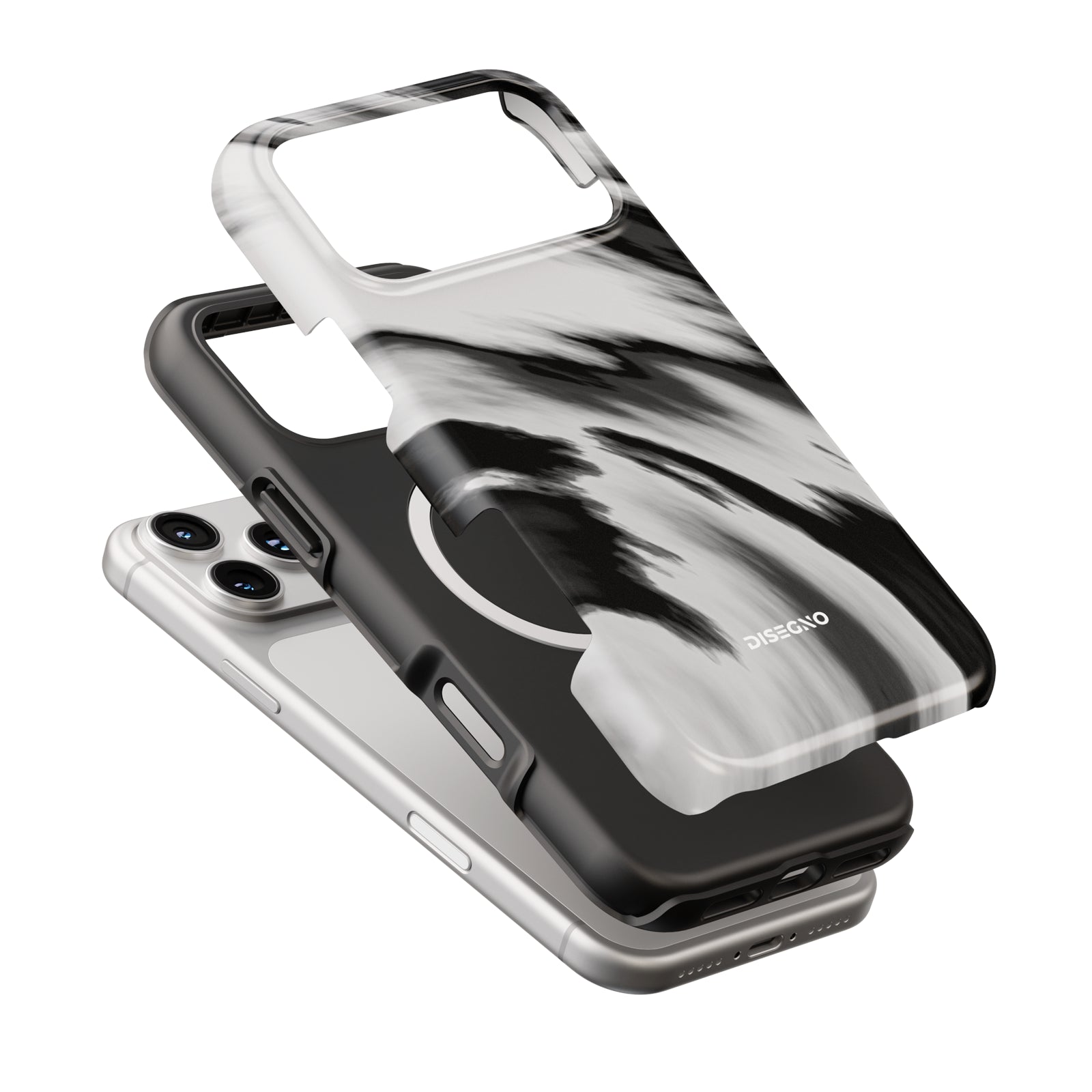 Vento Black tough case dual-layer
construction with MagSafe ring, black
brushstroke print on white