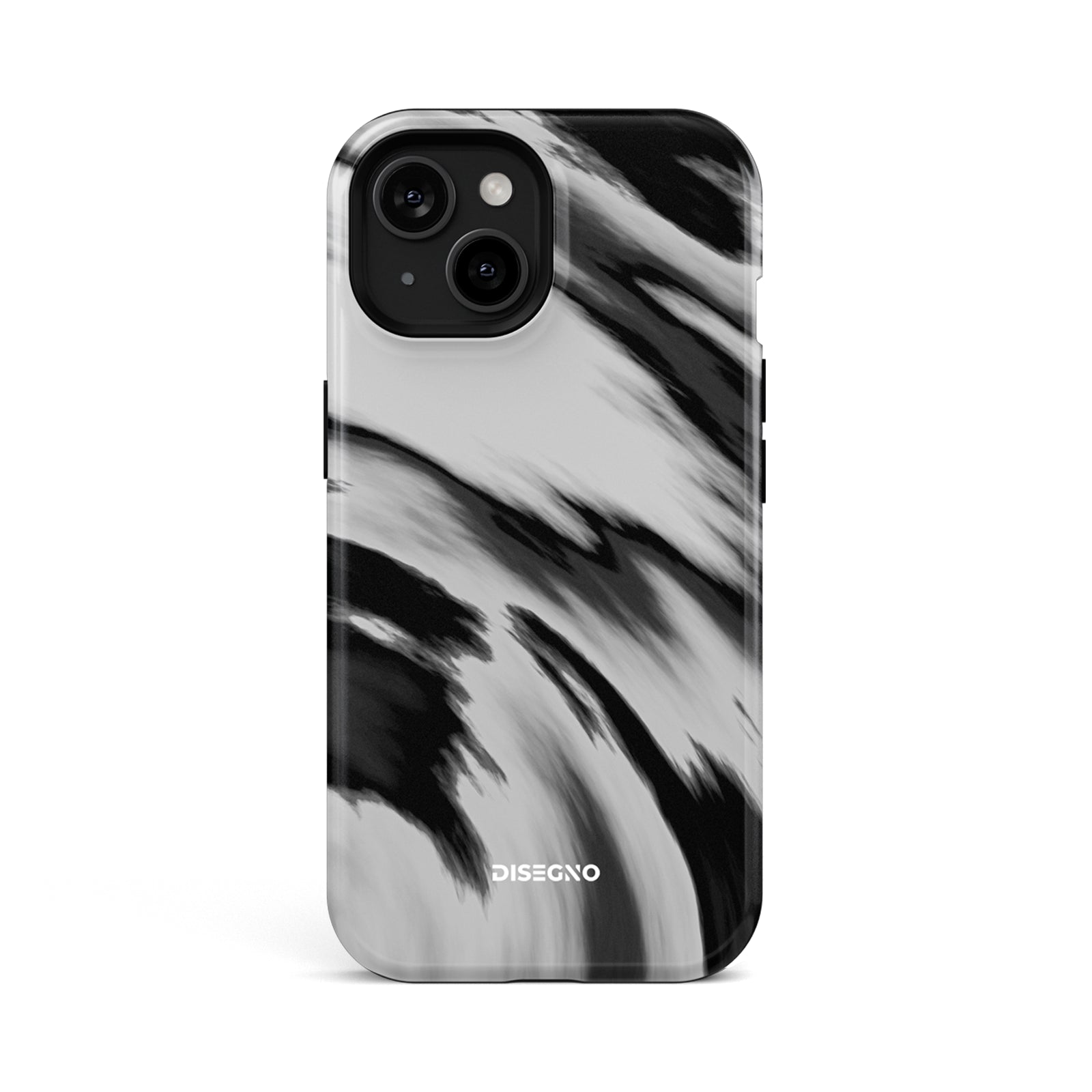 Vento tough MagSafe case for iPhone 15 with black brushstroke print on white