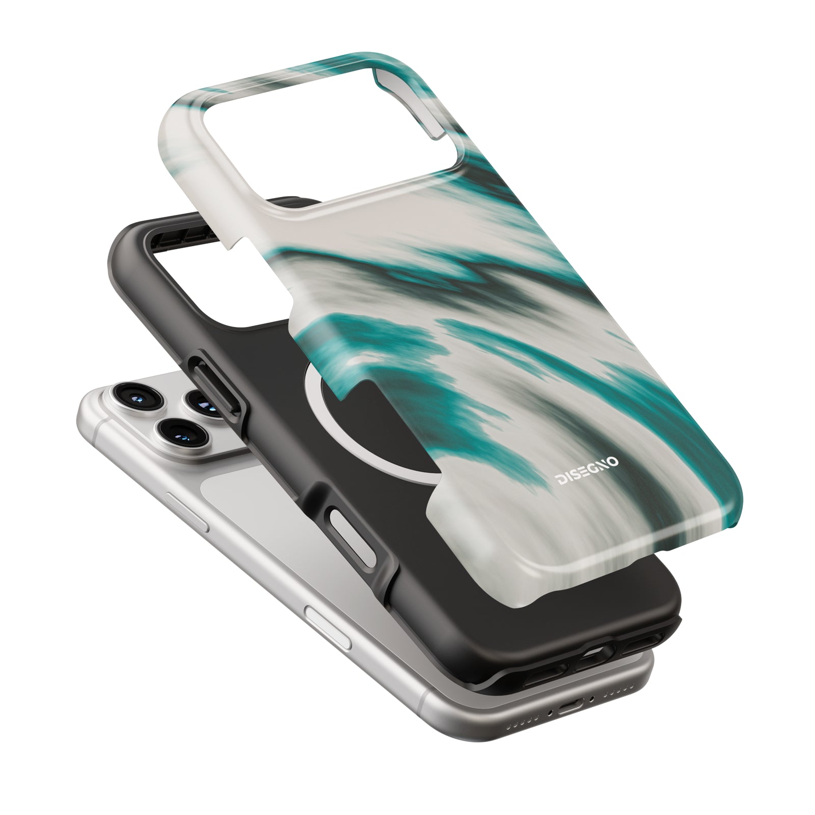 Vento Teal tough case dual-layer
construction with MagSafe ring, teal
brushstroke print on ivory