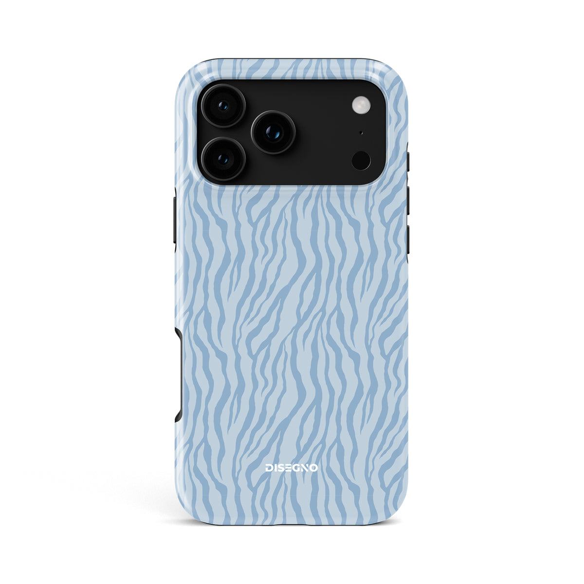 Zebrato tough MagSafe case for iPhone 18 Pro Max with soft blue zebra stripes on powder blue